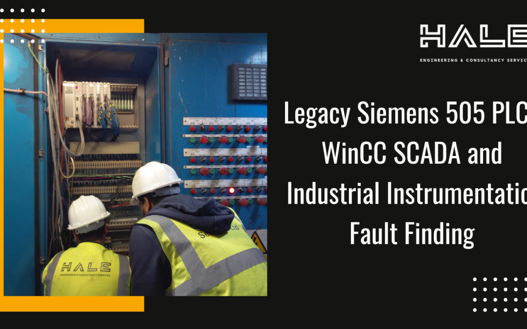 Engineer inspecting a legacy Siemens 505 PLC and WinCC SCADA control system during industrial instrumentation fault finding.