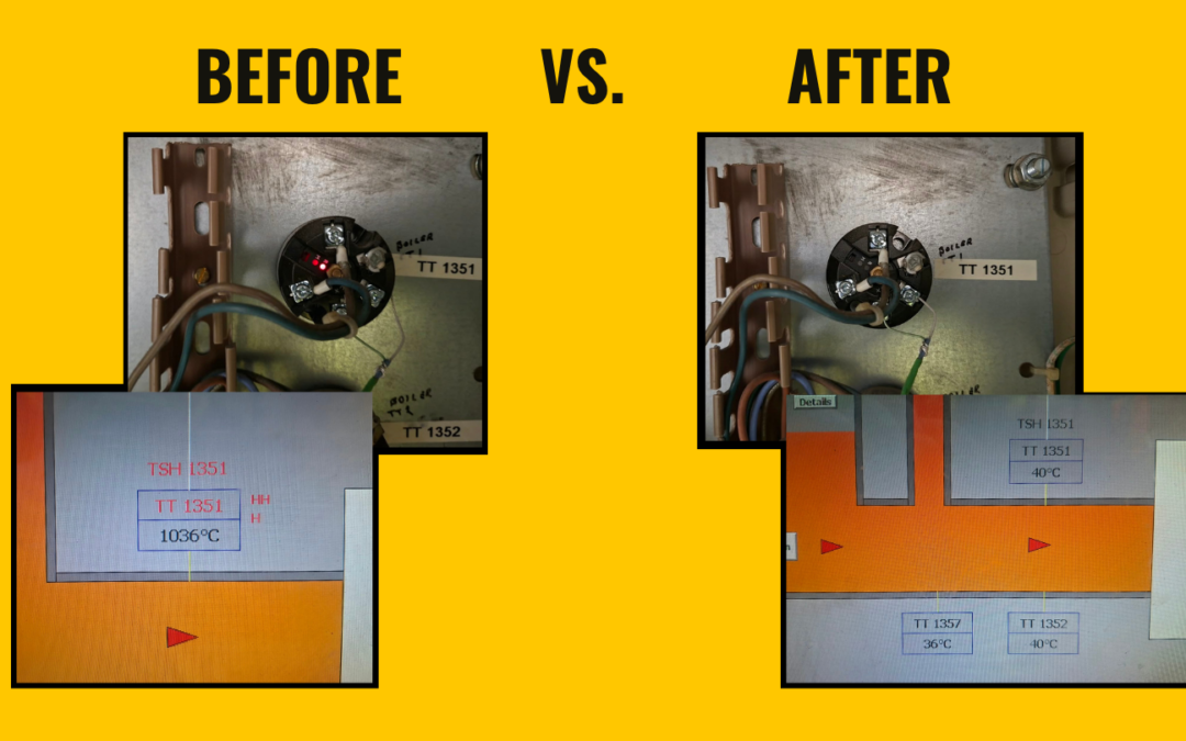 Industrial thermocouple connections and electrical enclosures during temperature signal cable replacement.