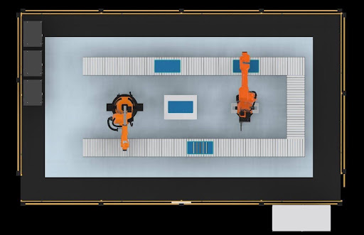 Top-down layout of the automation training cell showing the U-shaped conveyor, two robots and central table 