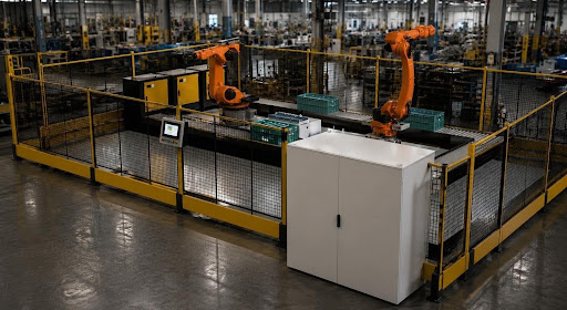 Concept render of a dual-robot automation training cell with KUKA robots, roller conveyor and perimeter safety guarding